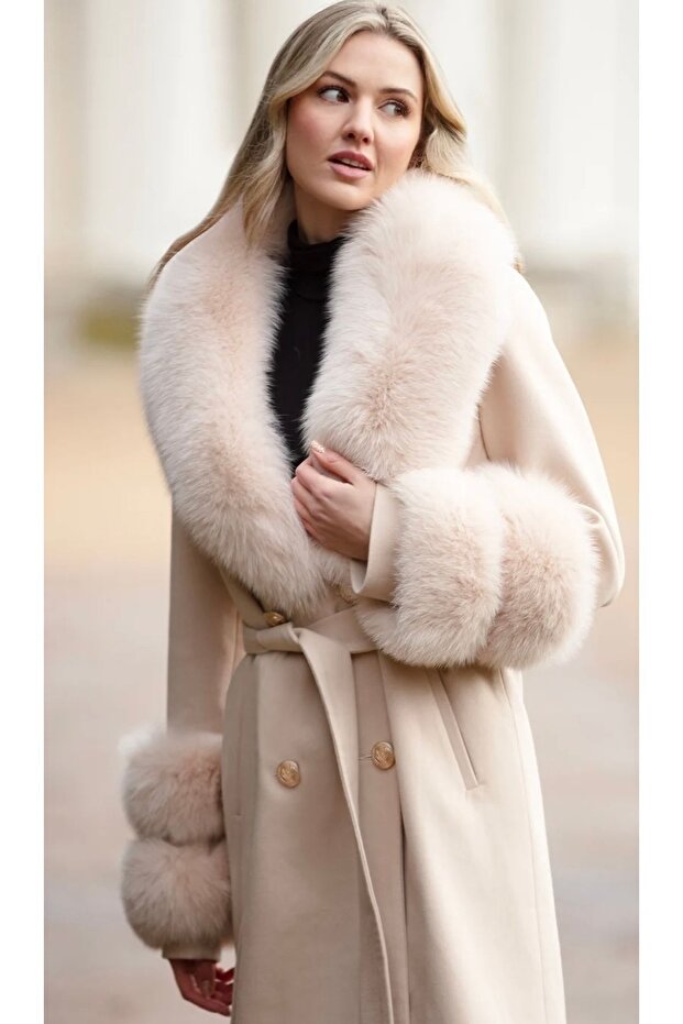 Bej Kaşmir Kürklü Kaban - 3