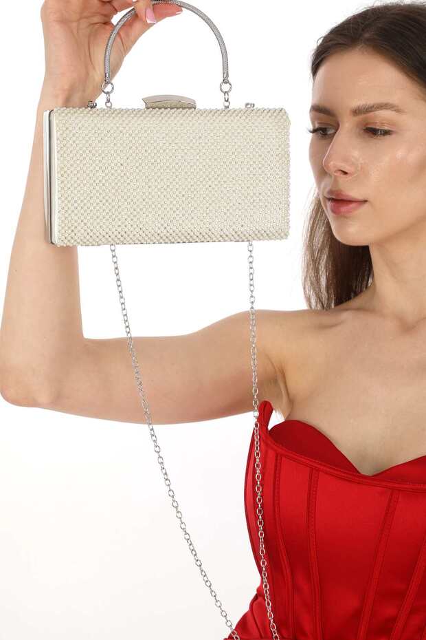 Women's Pearl Color Pearl Stone Evening Dress Clutch Portfolio Handheld Evening Wedding Engagement Bag 362