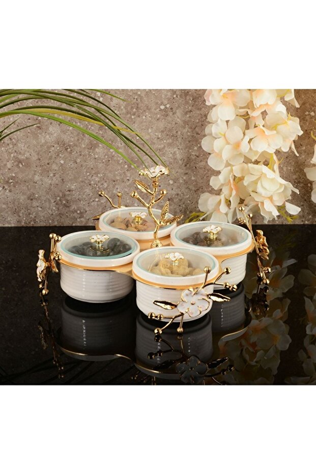 Floral Laser Ceramic 4-Piece Breakfast Serving Bowl with Gold Stand, Snack Bowl