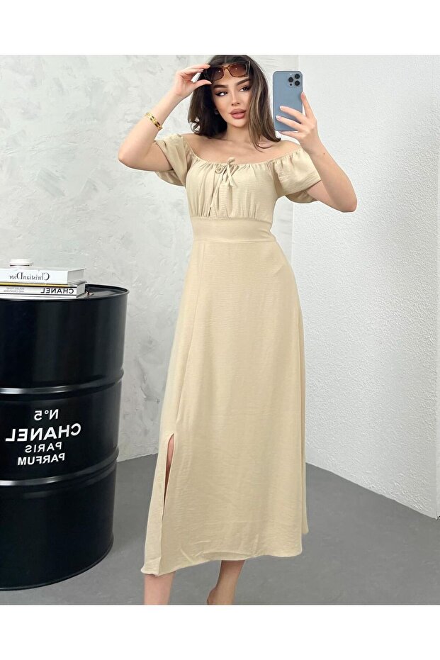 Krem Yırtmaçlı Ayrobin Kumaş Önü Bağcıklı Midi Boy Elbise 5912 - 4