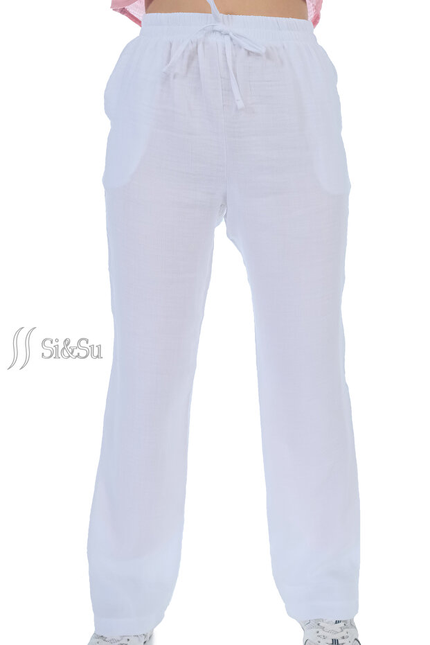 Relaxed Cut Muslin Women's Trousers - Pockets and Laces