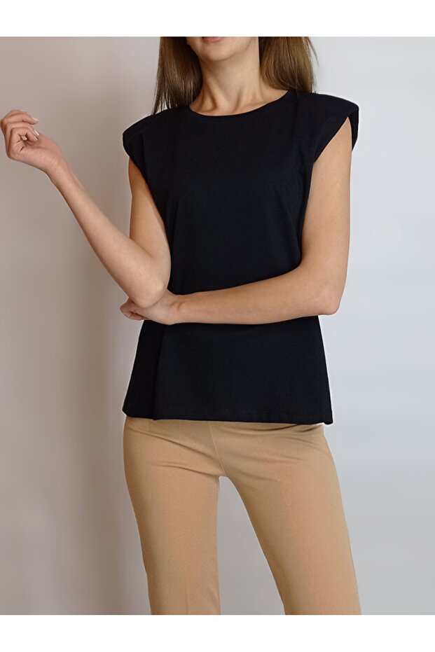 WOMEN'S BLACK PADDED SLEEVE- BASIC BASIC T-SHIRT YY101128