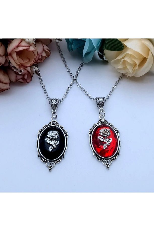Gotik Victorian Gül Detay Tablo Kolye 1 adet Siyah Kolye - 4