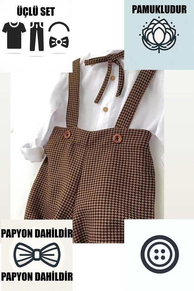 Brown Houndstooth Short Salopette Shirt And Payon Set Baby And Children's Clothing Boys And Girls Holiday