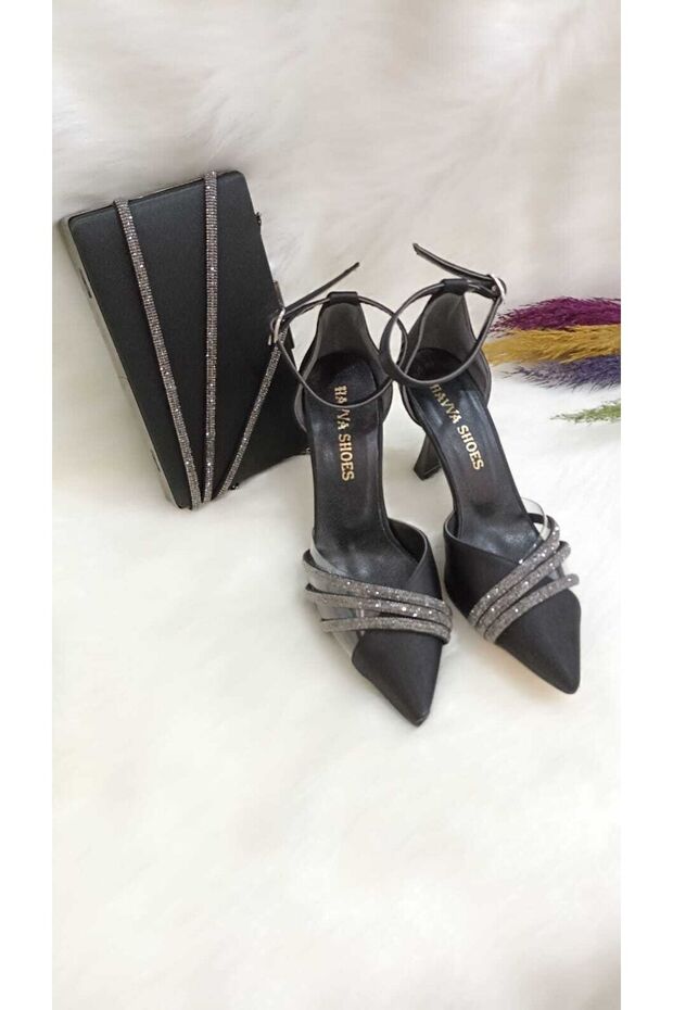 Women's Black Satin Stone and Transparent Detailed Evening Shoes Portfolio