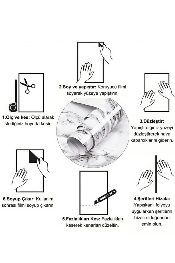 Mermer Desenli Yapışkanlı Folyo Beyaz Mutfak Mobilya Kaplama Yenileme Kolay Uygulama - 2