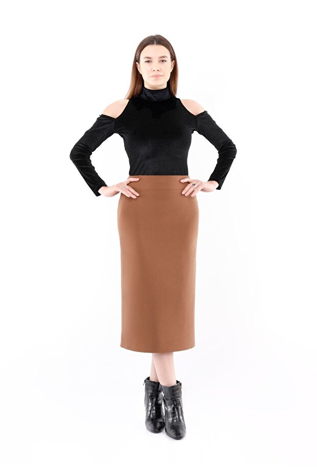 Classic Midi Length Hazelnut Color Pencil Skirt with Back Zipper and Slit