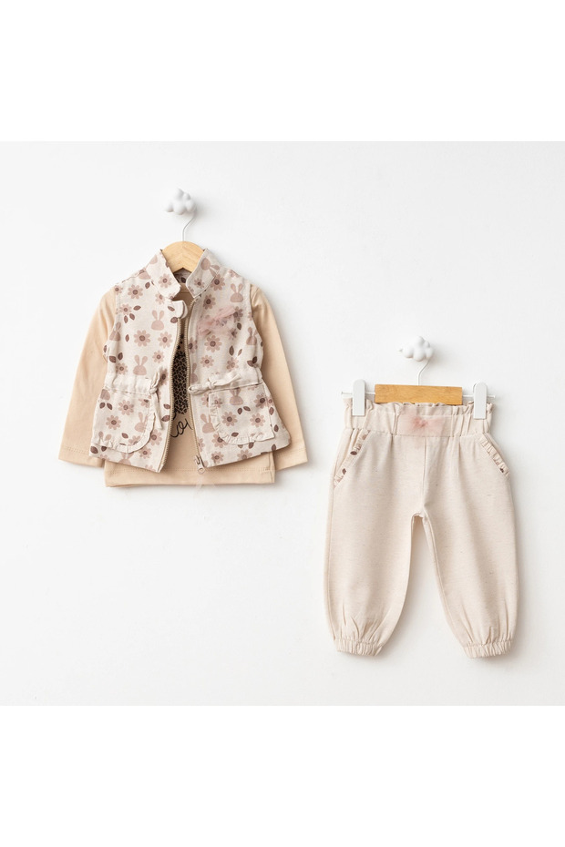 Floral Print Vest 3 Piece Set Brown