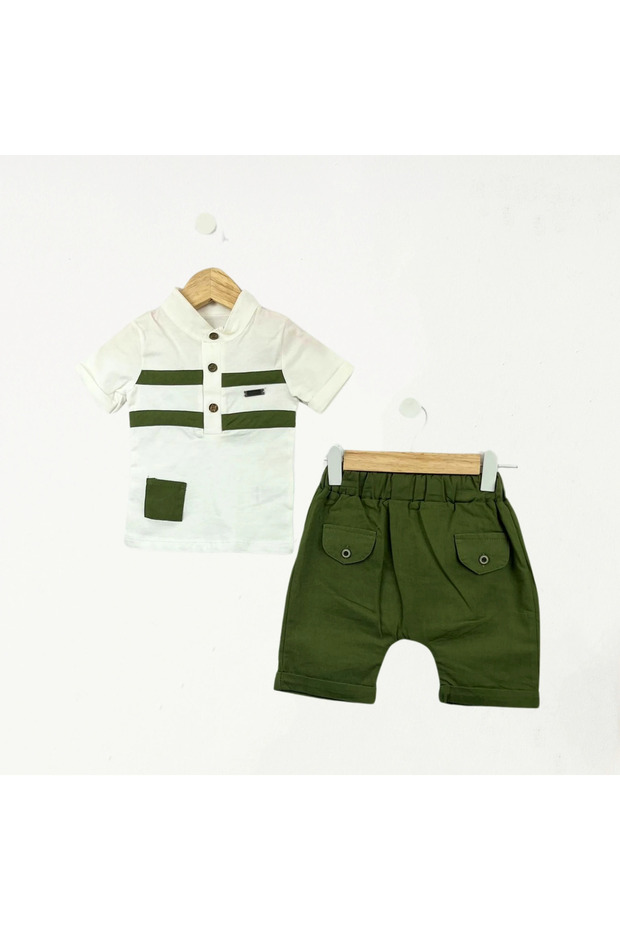 Thin Linen Hakim Collar Shorts Suit Khaki