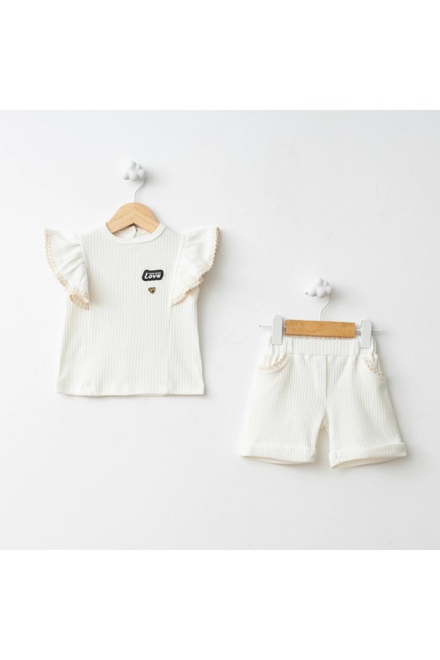 Raporlu Combed Cotton Girls' T-Shirt Set Ecru