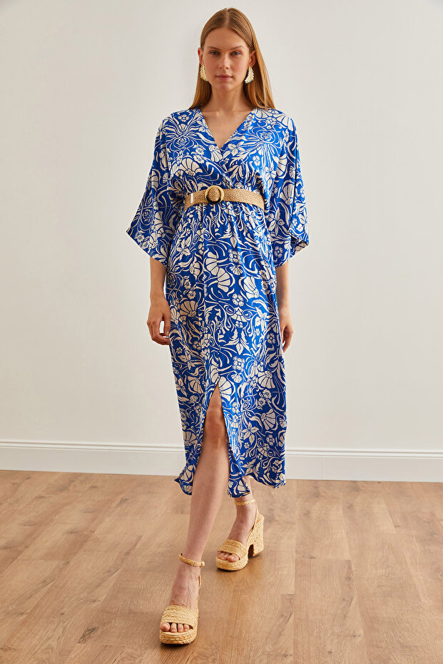 Cobalt Blue Double Breasted Collar and Slit Elastic Waist Women's Dress - ELB-19002188