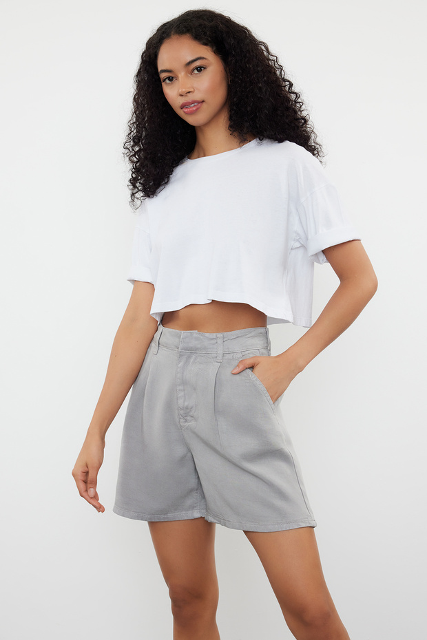 Gri %100 Tencel™ Pileli Denim Şort TWOSS24SR00077 - 3