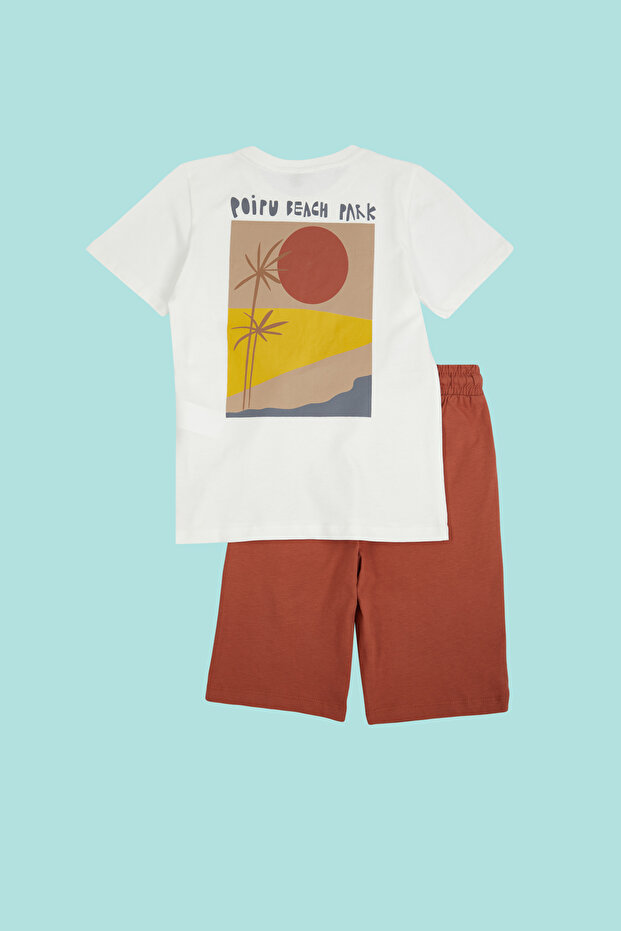 Kiremit Erkek Çocuk %100 Pamuk Sırt Baskılı Örme T-Shirt Şort Alt-Üst Takım TKDSS24AU00008 - 8
