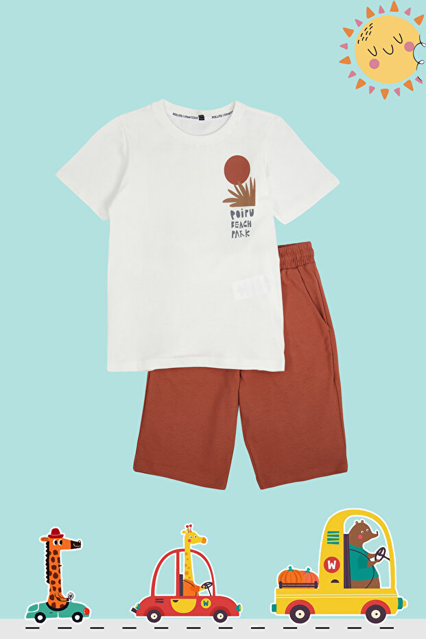 Kiremit Erkek Çocuk %100 Pamuk Sırt Baskılı Örme T-Shirt Şort Alt-Üst Takım TKDSS24AU00008 - 7