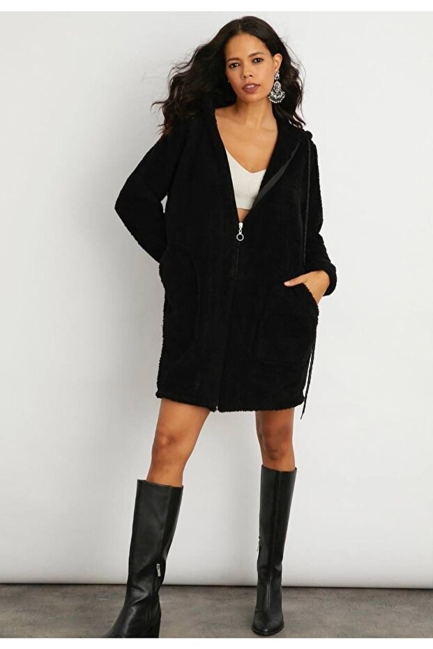 Kapşonlu Peluş Hırka - 1