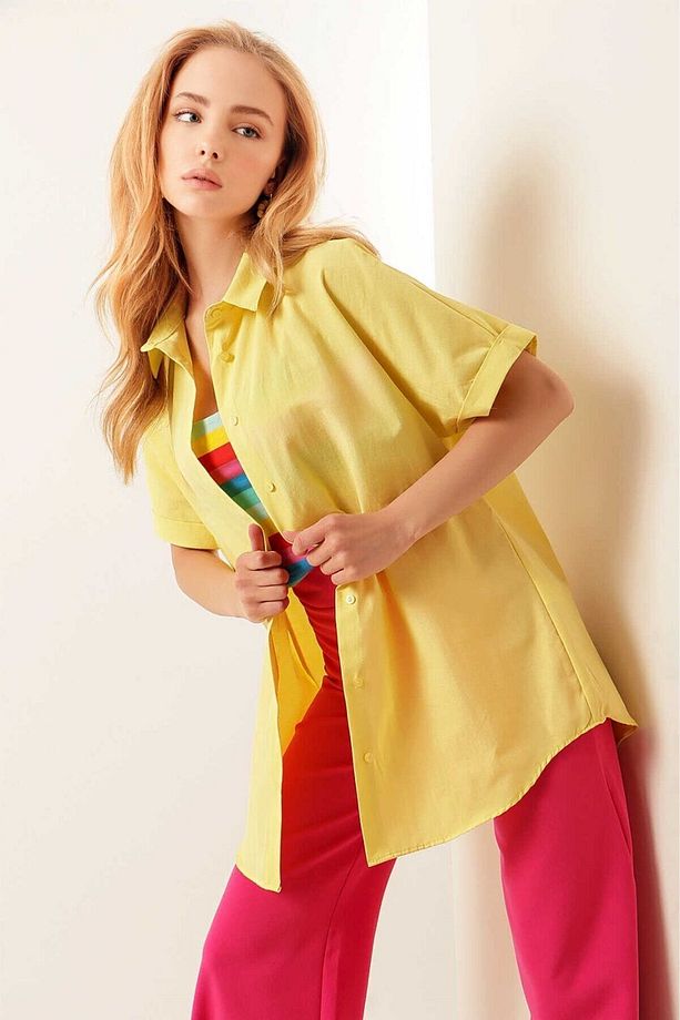 Kadın Sarı Oversize Uzun Kısa Kollu Basic Poplin Gömlek Hzl22s-bd1201201 - 3