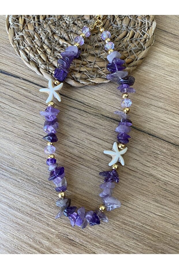 Natural Purple Amethyst and Crystal Detailed Star Gold Phone Strap Charm Accessory Lanyard