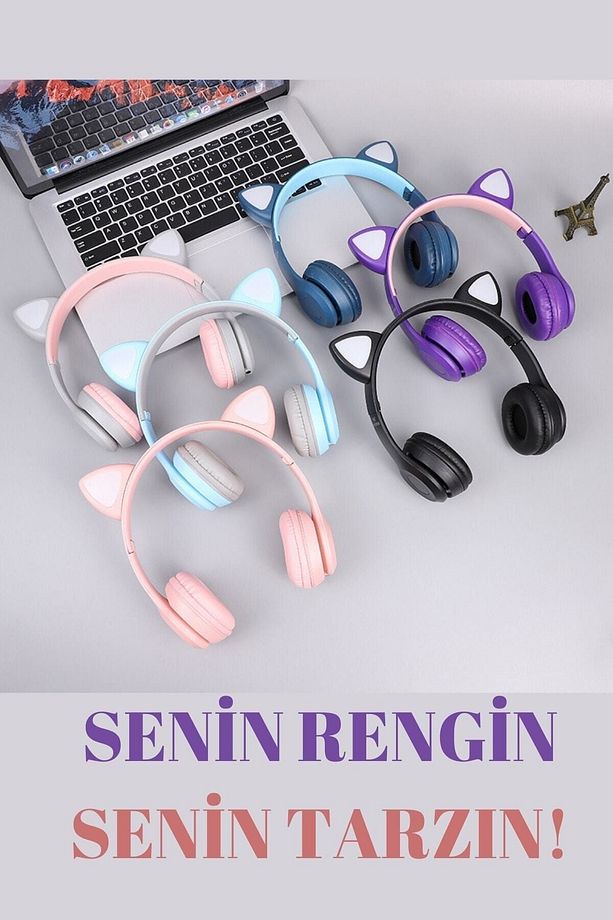 P47 Bluetooth Kedi Kulaklık Led Işıklı Katlanabilir Mikrofonlu Siyah - 2