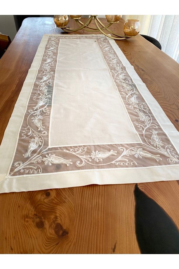 Home’sBuldan ipeği Saf ipek Bordürlü Islemeli Masa Örtüsü Ve Runner - 2