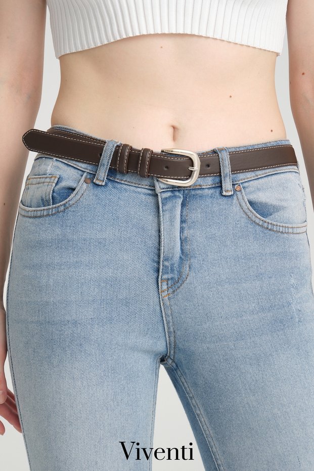 Women's Premium Belt with Seam Detail , 2.5 cm Trouser Belt, Stylish Light Silver Buckled Denim Belt