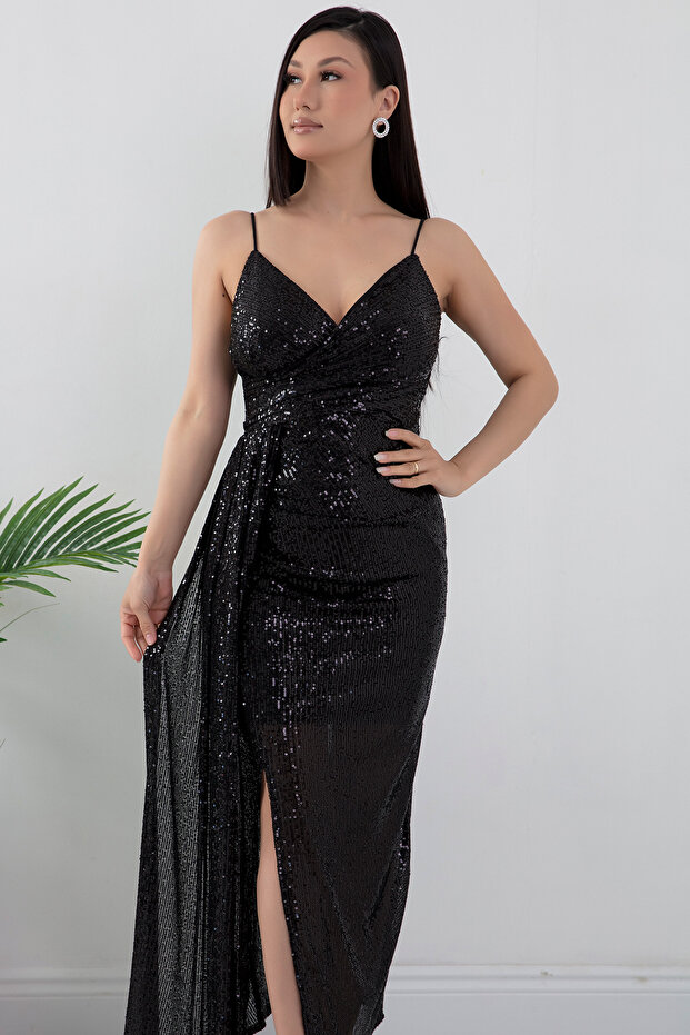 Askılı Pullu Kruvae Yaka Abiye Elbise 39868 - 2