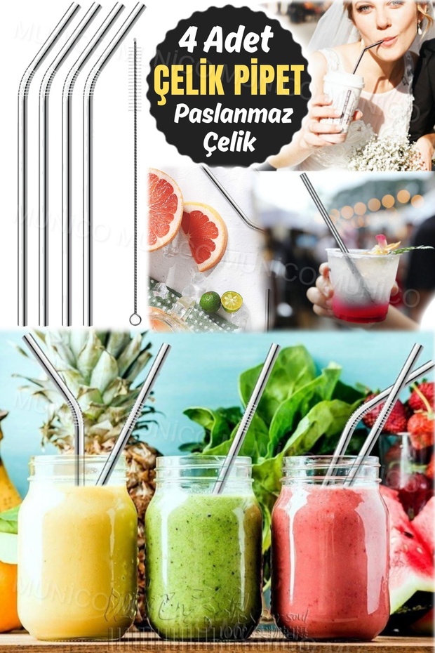 4+1 Yeniden Kullanılabilir pipet Paslanmaz Çelik Pipetler Uzun Kısa Metal Pipetler Bar Partisi Pipet - 3