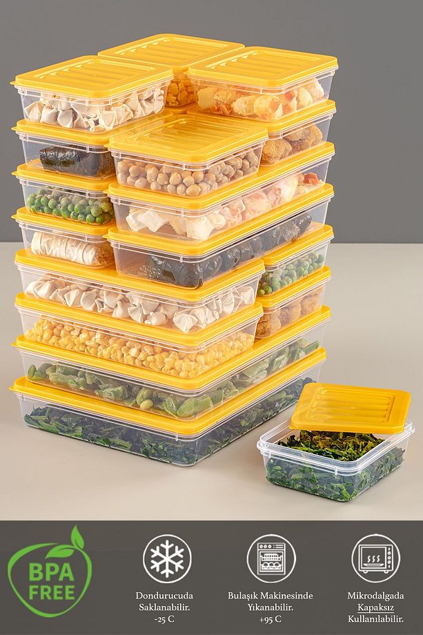 18 Parça Saklama Kabı , Mikrodalga Uyumlu Saklama Kabı 2x2400Ml 4x1200Ml 4x1170Ml 8x600Ml Sarı - 3