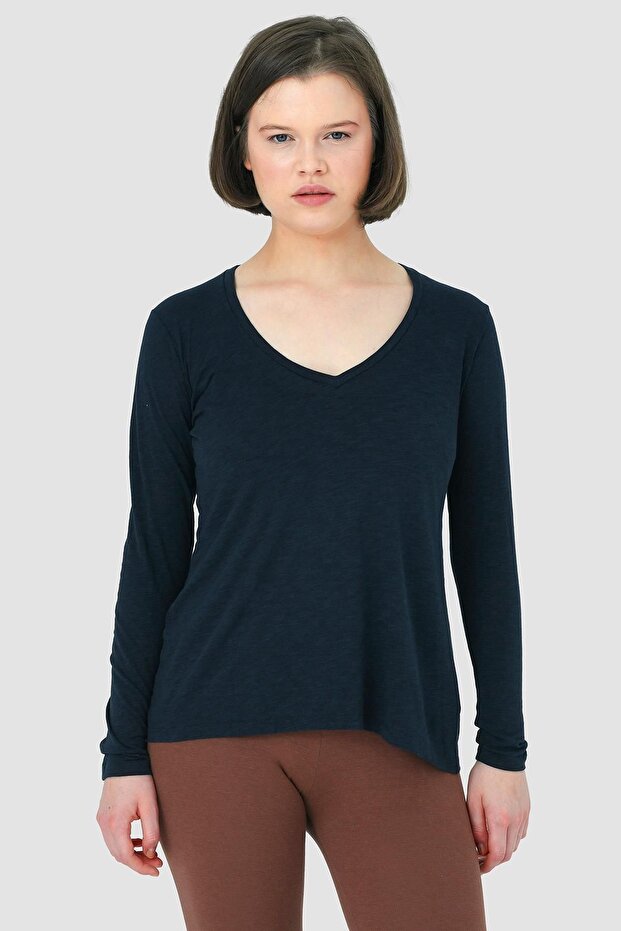 Abungu Lacivert V Yaka Basic Örme T-shirt - 1