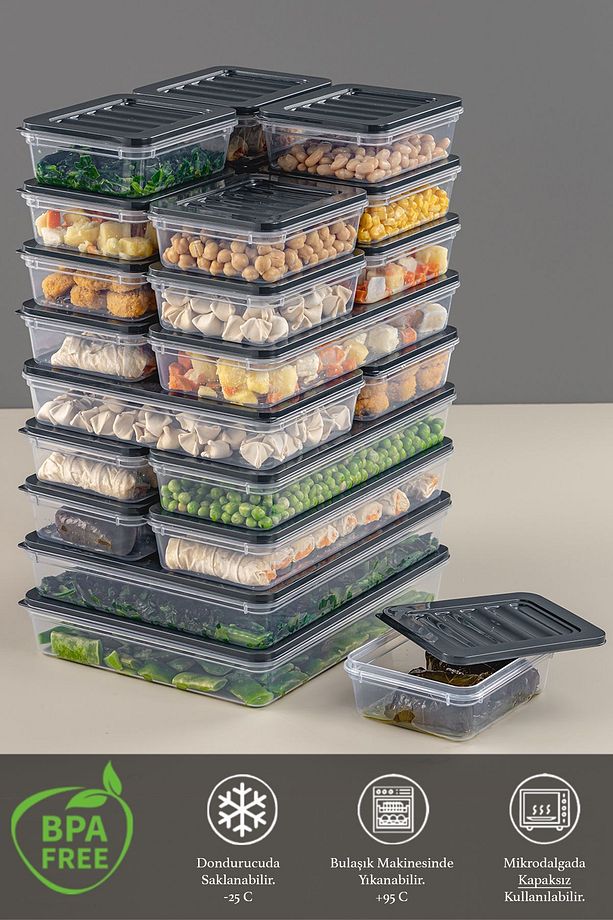 22 Parça Saklama Kabı , Mikrodalga Uyumlu Saklama Kabı 2x2400Ml 2x1200Ml 6x1170Ml 12x600Ml Antrasit - 3