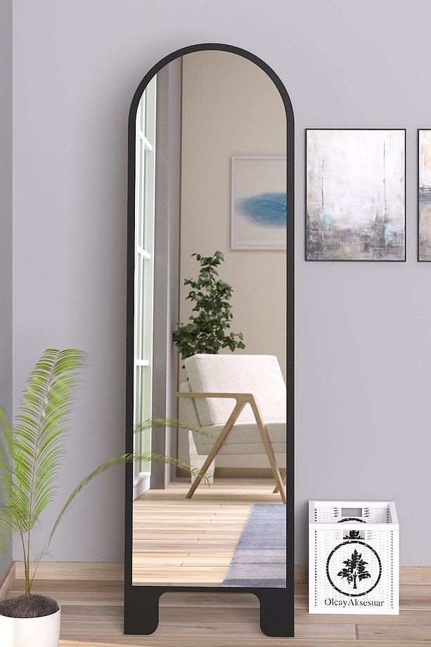 Siyah 120X43 cm Ayaklı Tek Kubbeli Salon Antre Çocuk Odası Banyo WC Yatak Odası Boy Aynası - 1