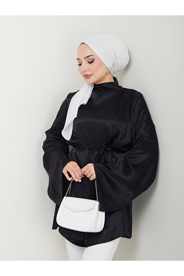 Satin Lace-Up Black Tunic Blouse