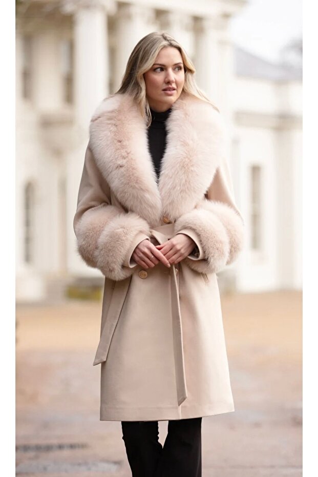 Bej Kaşmir Kürklü Kaban - 7