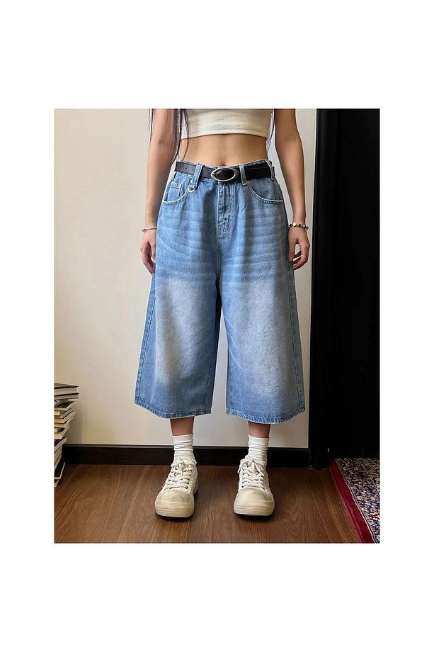 Y2k Mavi Unisex Baggy Bermuda Şort - 1