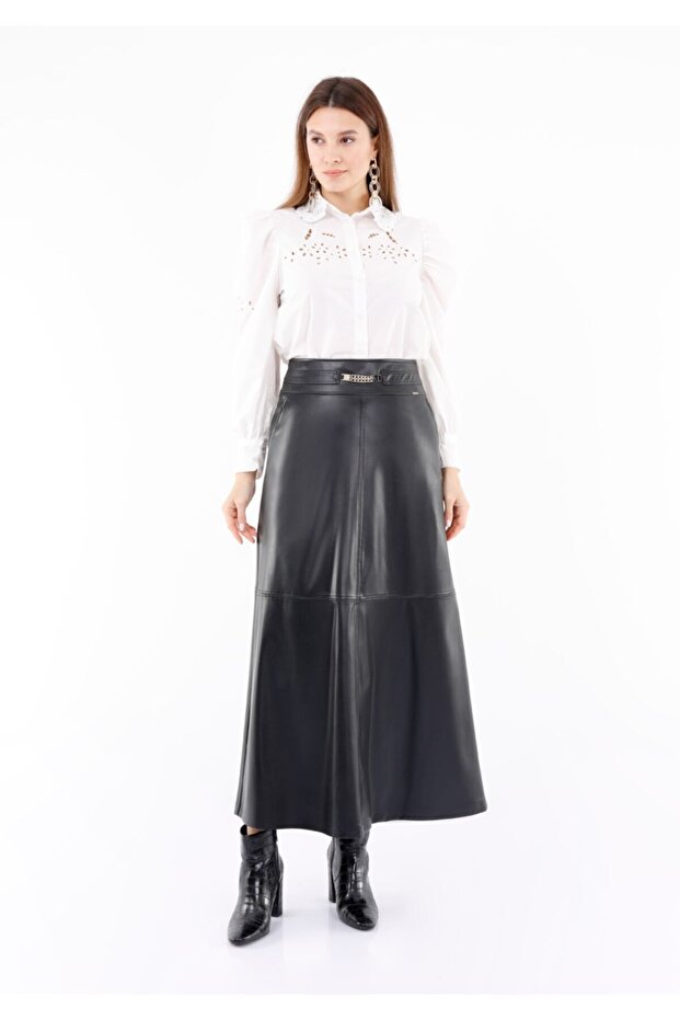 Maxi Boy Black Leather Skirt with Gold Color Accessories and Pockets
