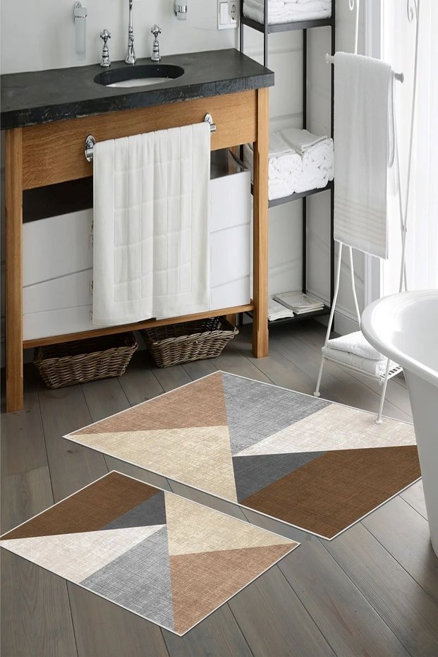 Geometric Gray Brown Colors Non-Slip Base Washable 2 Pieces 60x100 - 50x60 Bathroom Carpet Toilet Set