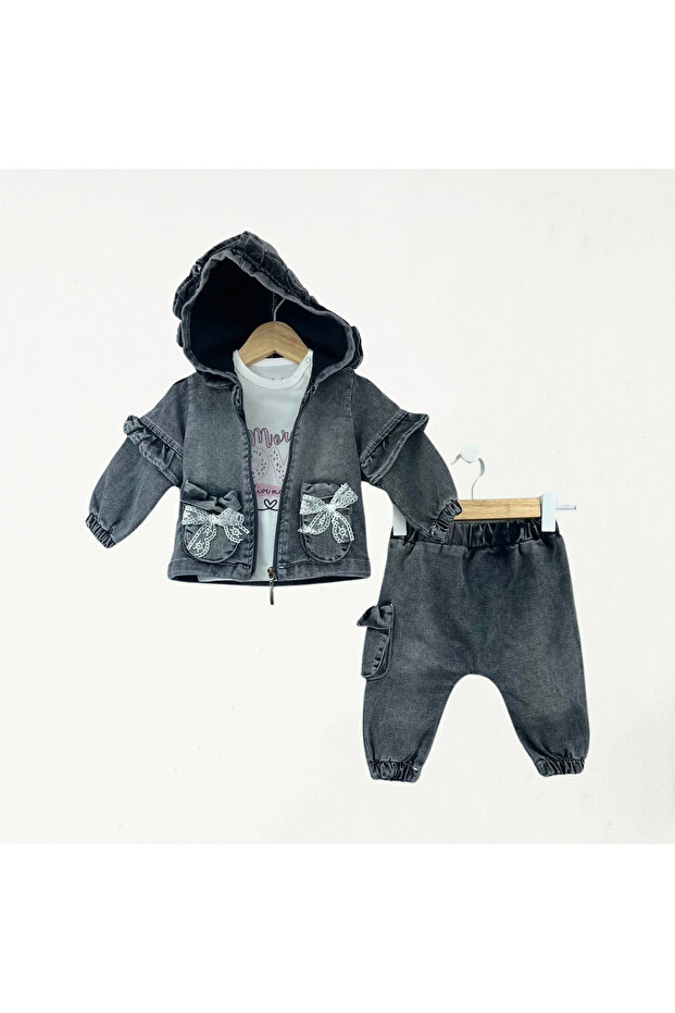 Knitted Denim Girls' Coat Set Black