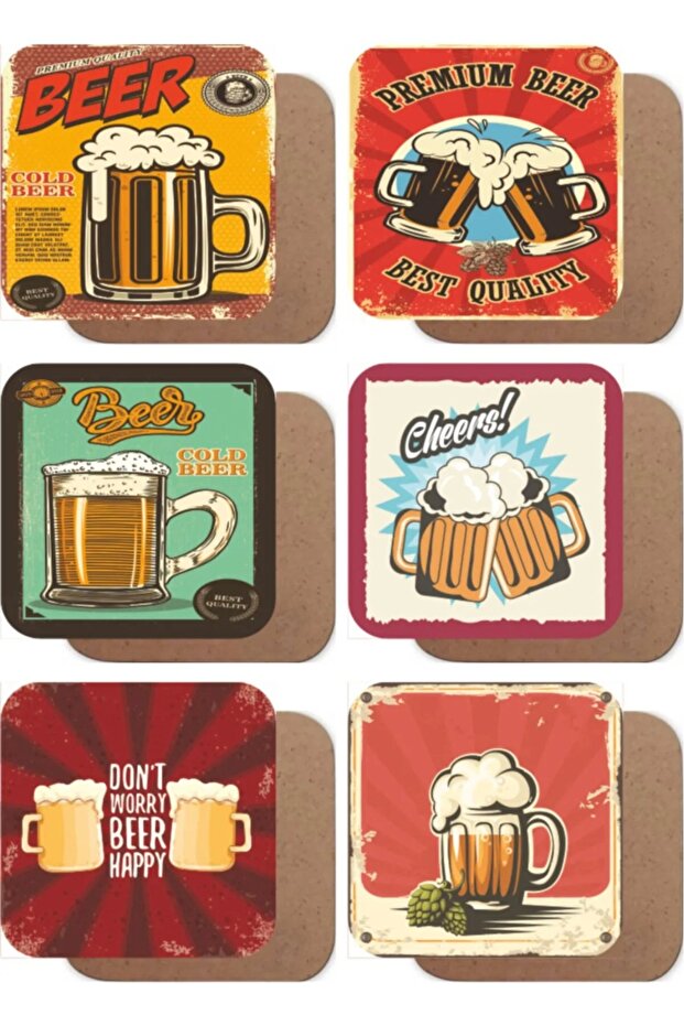 Beer Themed Retro Wooden Coasters Set of 6