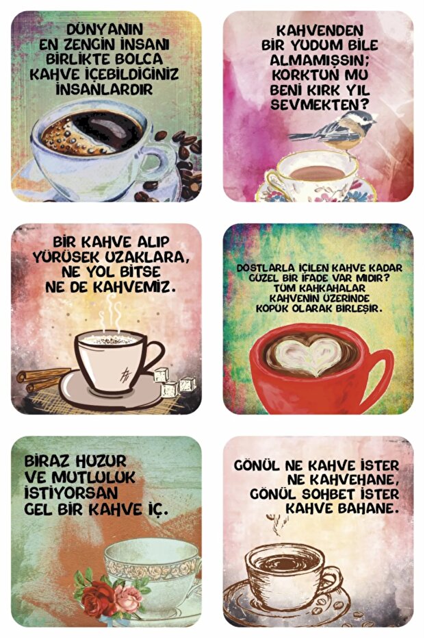 Aesthetic Retro Coffee Quotes - Set of 6 Wooden Cups, for Bar and Kitchen Decoration