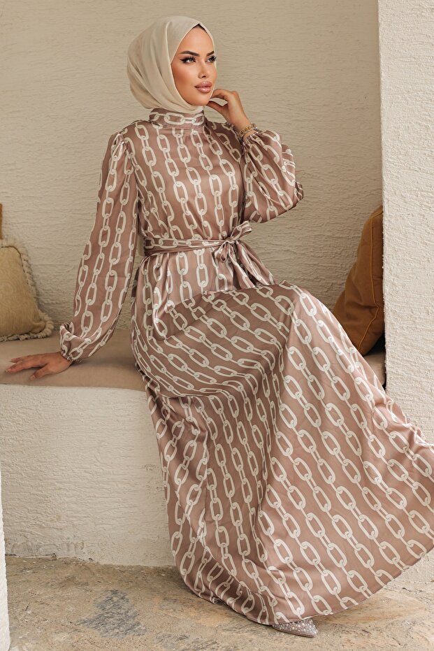 Beige Satin Patterned Chain Dress
