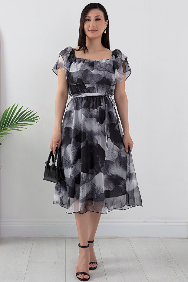 Madonna Yaka Baskılı Şifon Elbise GRS3446 - 1