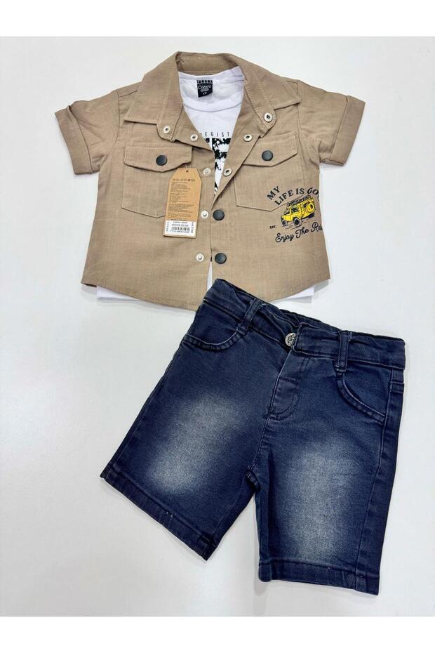 Boy's Linen Shirt T-Shirt Shorts Suit/ Short Sleeve Shirt - T-Shirt Denim Shorts 3 Piece Suit