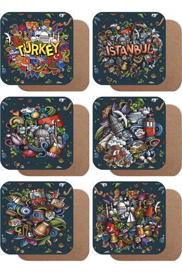 Istanbul Hand-Drawn Miniatures Themed 6-Piece Wooden Coaster Set