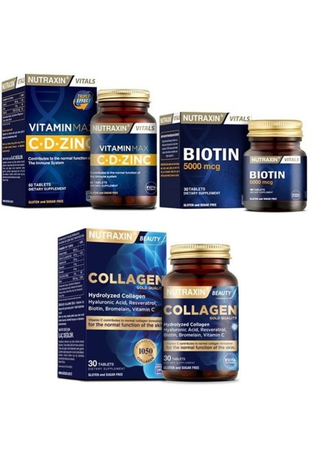Biotin 5000 Mcg 30 Tablets + Vitamin Max C-D-Zinc + 30 Tablets Containing Type 1 and Type 3 Hydrolyzed Collagen