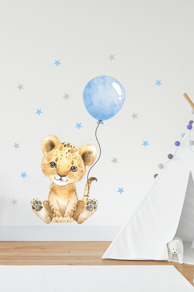 Kids Room Wall Sticker Set Lion Blue Balloon Stars