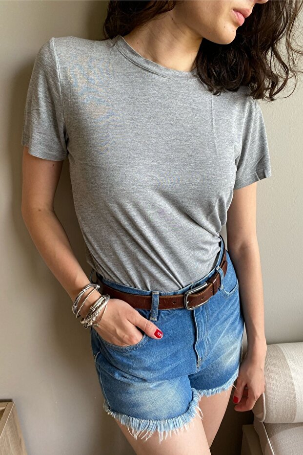 Paloma Gri Basic T-shirt - Bisiklet Yaka - Viskon Kumaş - 2