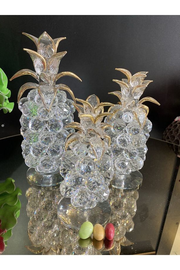 Dekoratif Kristal Gold Büyük Boy 3'lü Set Ananas Model - 1