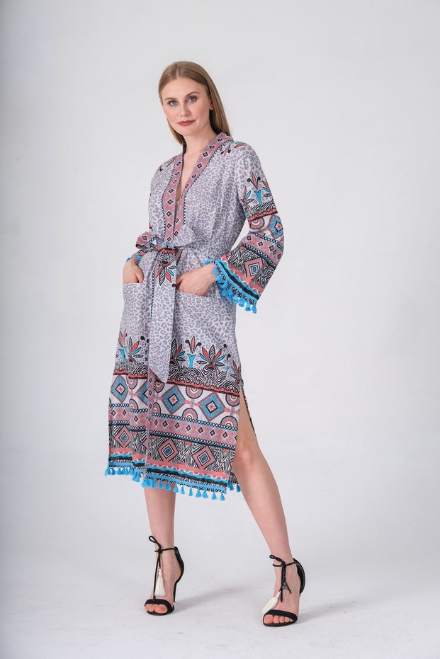Women's Voile Fabric Cotton Kimono Tassel Detailed Long Pareo and Beach Dress