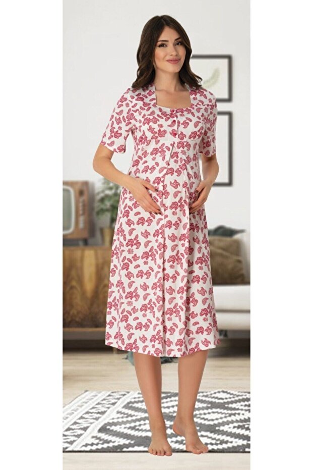 Effort Cherry Patterned Maternity and Postpartum Nightgown 8013