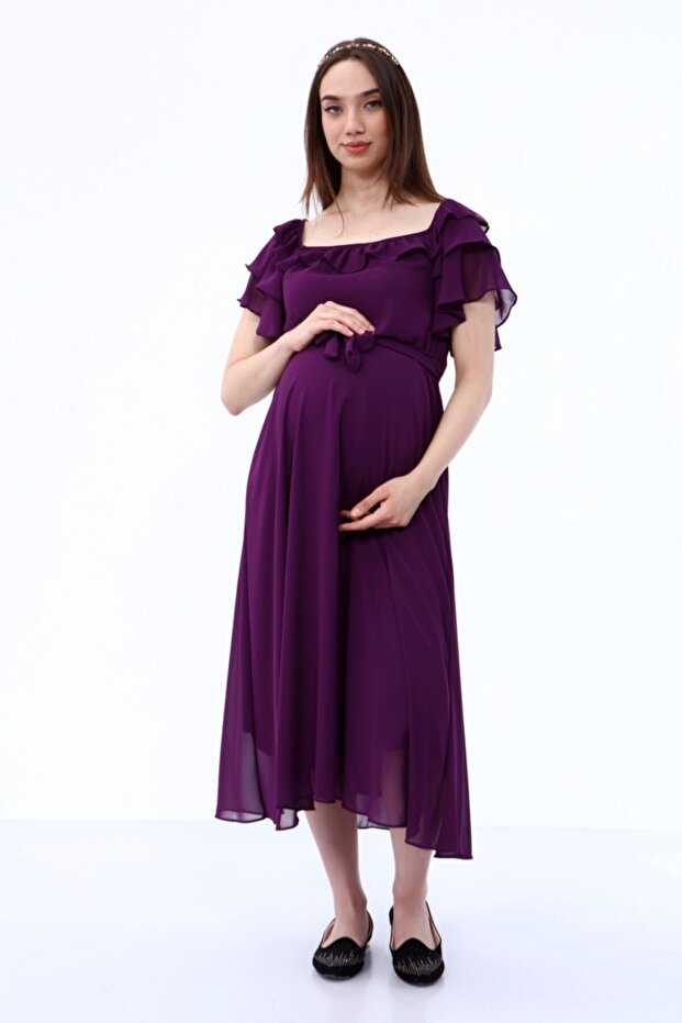 Yaka, Şifon, Mürdüm Elbise - 3