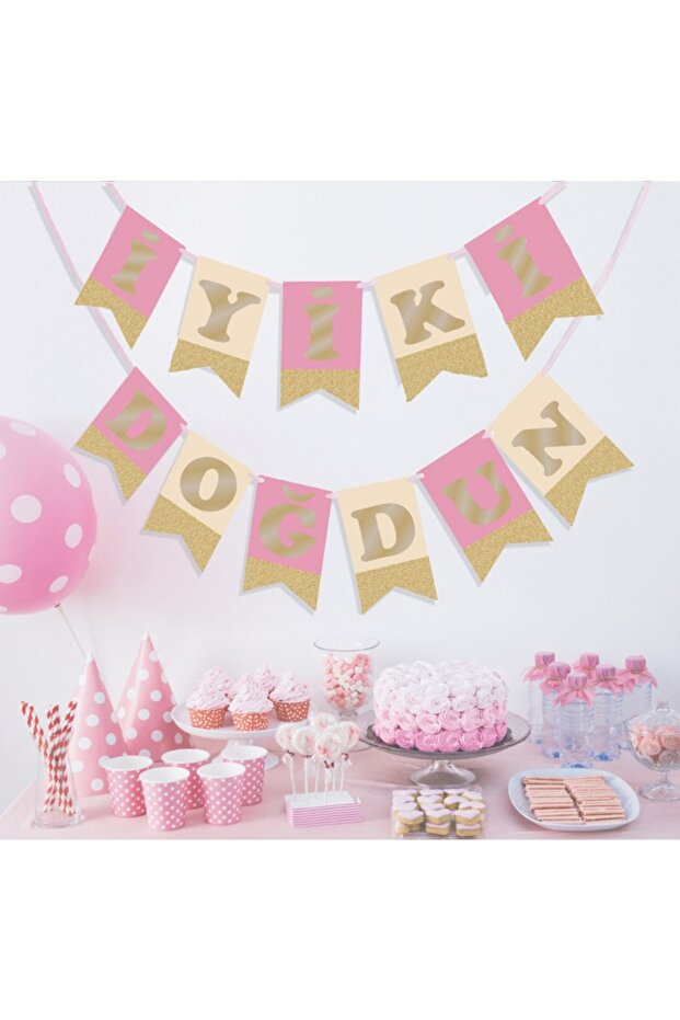 Happy Birthday Written Sparkling Pennant Flag Wall Decoration Pink